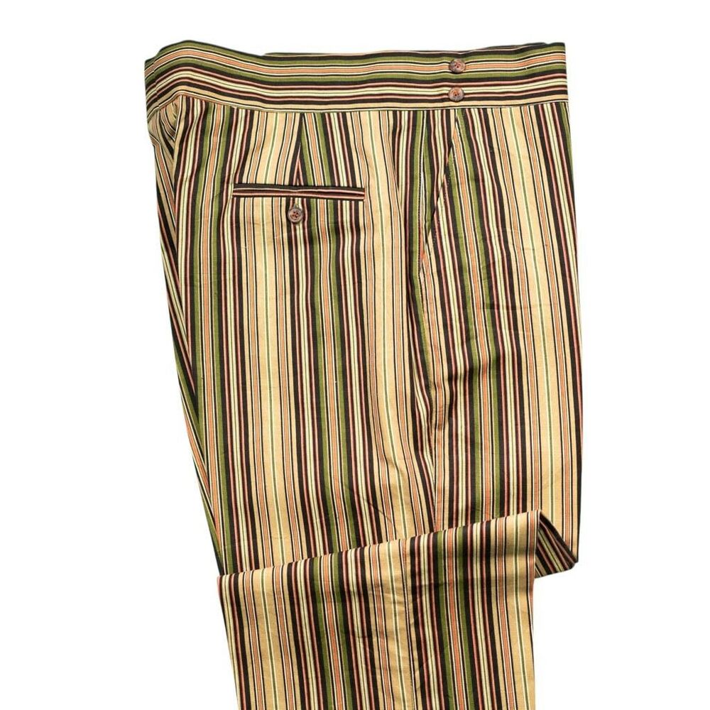 Mens Gurkha Pants 38 Beige Green Striped Cotton Trousers Flat Front Straight Fit - Picture 7 of 8